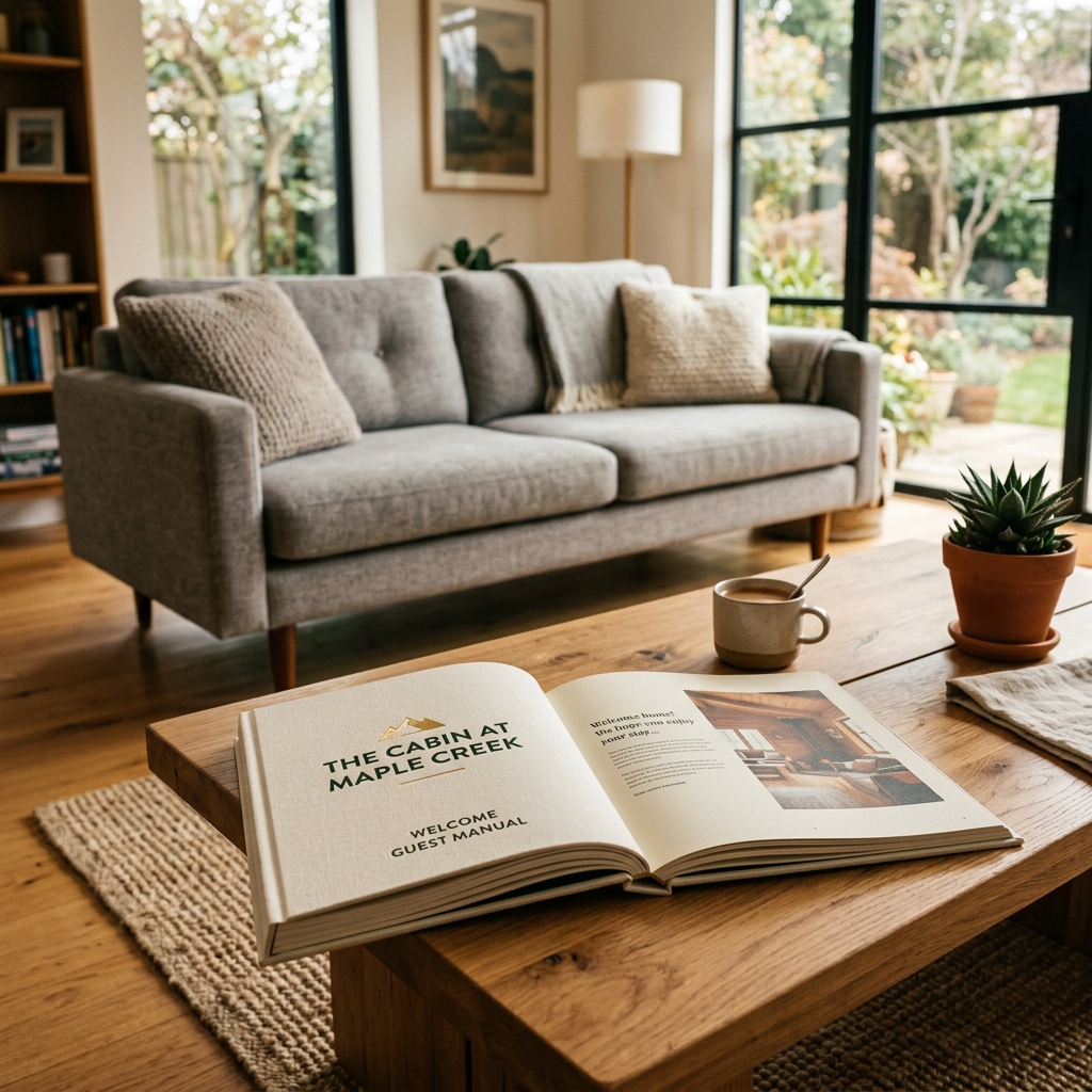 Printable booklet mockup lying on a coffee table